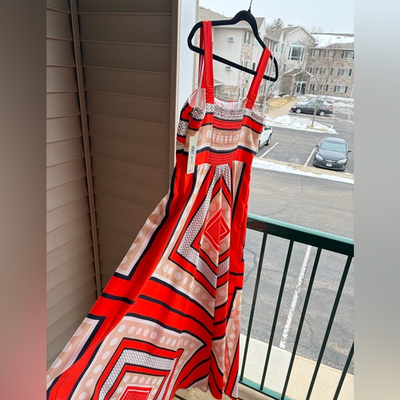 🆕🌹Eliza J Red Geometric Print Maxi Dress Size 8P Smocked Summer Midi Maxi Dress - Picture 6 of 14